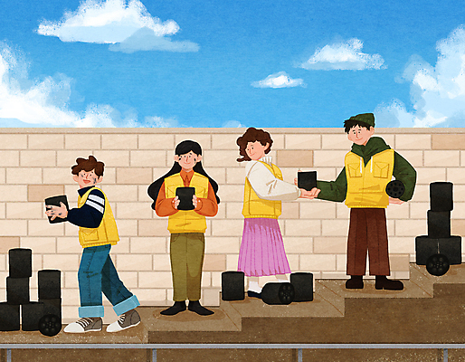 전신 PSD 구름 여자 남자 겨울 일러스트 서기 들기 여러명 성인 담장 쌓기 계단 봉사 자원봉사자 주기 연말연시 연탄 자원봉사조끼 성인만 국내일러스트 자연요소 계절 다수 모션 사람 조끼 도움 파일형식