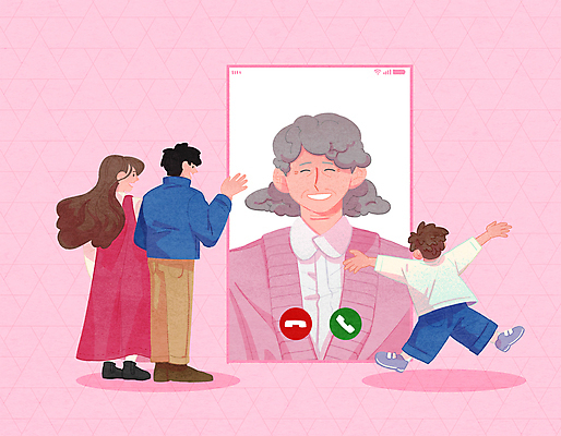 전신 PSD 여자 노년 남자 어린이 분홍색 겨울 일러스트 가족 서기 소년 여러명 상반신 성인 기쁨 만세 인사 손주 손인사 연말연시 안부 반가움 영상통화 국내일러스트 계절 감정 컬러 다수 관계 모션 사람 예절 통화 파일형식