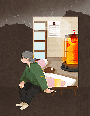 전신 PSD 응시 여자 노년 일러스트 베개 탁자 실내 한명 앉기 컵 이불 방 달력 연기 위험 화재 연말연시 독거노인 전기난로 치매 노인여자한명만 국내일러스트 1 식기 시선 가구 컨셉 침구 모션 사람 성인 내부 질병 사건 여자한명만 노인여자만 파일형식