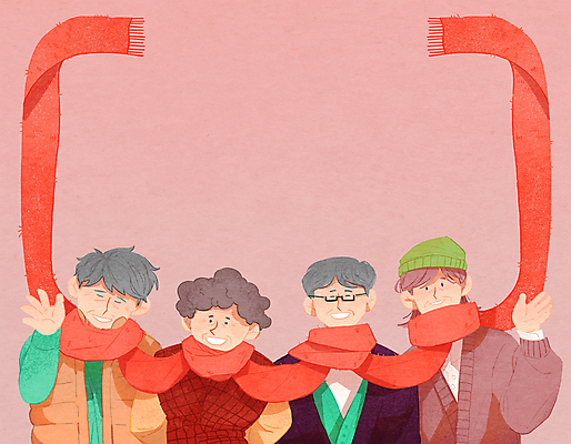 PSD 여자 할아버지 노년 남자 할머니 캠페인 분홍색 일러스트 프레임 미소 여러명 상반신 목도리 손인사 연말연시 노인만 국내일러스트 잡화 컬러 다수 표정 사람 성인 인사 성인만 파일형식