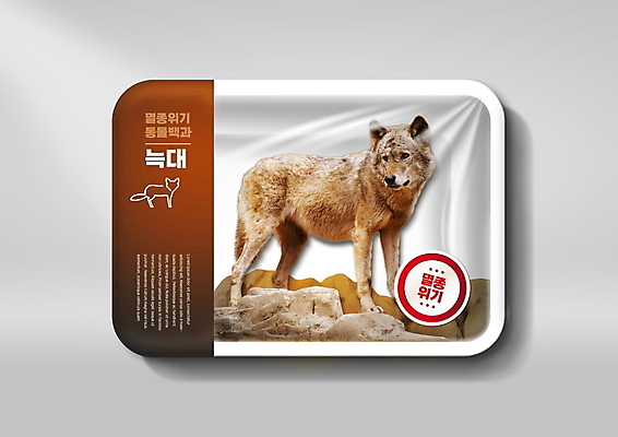 PSD 편집이미지 한마리 경고 사람없음 갈색 환경오염 오염 위험 일회용 생태계 멸종위기동물 늑대 비닐포장 생태계파괴 포장용기 동물도감 이미지편집 멸종위기종 동물 1 컬러 컨셉 포장 포유류 포장재료 파일형식