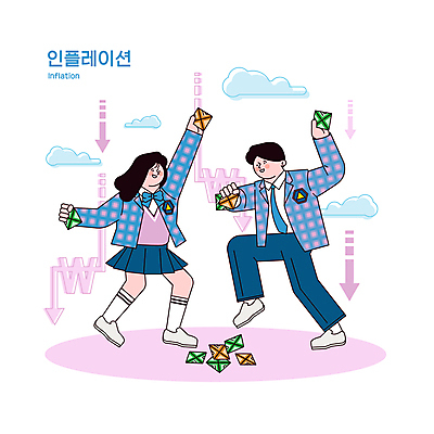 전신 구름 학생 여자 남자 교복 화살표 지폐 일러스트 청소년 들기 두명 하락 가치 딱지 딱지치기 십대만 인플레이션 국내일러스트 AI파일 자연요소 옷 컨셉 돈 모션 놀이 사람 경제 파일형식 벡터