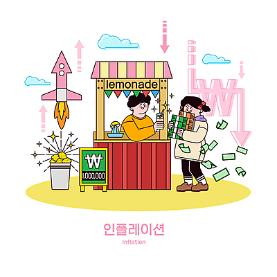 전신 구름 여자 남자 화살표 지폐 일러스트 서기 들기 상반신 성인 두명 바구니 로켓 돈다발 하락 레몬 레모네이드 상승 장사 가치 입간판 성인만 인플레이션 국내일러스트 AI파일 자연요소 컨셉 돈 과일 모션 간판 사람 경제 상업 에이드 파일형식 벡터