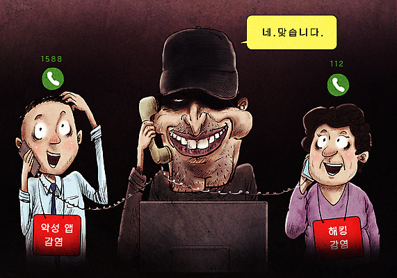 PSD 여자 남자 중년 말풍선 일러스트 경고 웃음 들기 상반신 성인 세명 노트북 스마트폰 검은색 속임수 범죄 어플리케이션 범죄인 수화기 통화 해킹 보이스피싱 사기꾼 피해자 국내일러스트 컬러 모션 표정 사람 전자제품 핸드폰 스마트기기 피해 전화기 피싱 파일형식