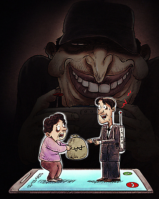 전신 PSD 여자 남자 중년 돈 일러스트 경고 서기 웃음 들기 상반신 성인 세명 스마트폰 검은색 놀람 운전 속임수 돈자루 범죄인 주기 전달 아르바이트 보이스피싱 사기꾼 스팸전화 조종장치 피해자 국내일러스트 감정 컬러 모션 표정 사람 핸드폰 스마트기기 피해 장비 범죄 재산 통화 피싱 파일형식