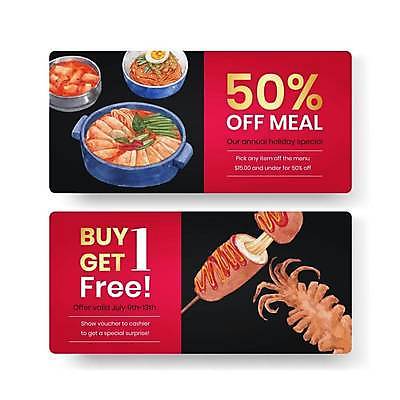 EPS 해외이미지 템플릿 영어 일러스트 김치 타이포그라피 사람없음 빨간색 검은색 티켓 상품권 핫도그 부대찌개 비빔국수 원플러스원 반건조오징어 해외일러스트 문자 한식 음식 컬러 패스트푸드 이벤트 찌개 오징어 국수 건어물 파일형식 벡터 이미지허브