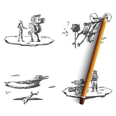 EPS 해외이미지 컨셉 일러스트 사람없음 세트 총 스케치 로봇 오브젝트 군용 드론 해외일러스트 무기 군대 미술 파일형식 벡터 이미지허브