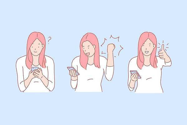 EPS 해외이미지 응시 여자 행복 일러스트 모바일 웃음 들기 성인 세명 스마트폰 주먹 엄지손가락 최고 만족 호기심 긍정 성인여자만 해외일러스트 시선 감정 컨셉 손가락 모션 표정 사람 핸드폰 스마트기기 여자만 성인만 파일형식 벡터 이미지허브