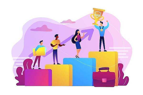 EPS 해외이미지 전신 여자 남자 가방 일러스트 비즈니스 여러명 성인 만세 결과 트로피 메달 단상 서류파일 성인만 해외일러스트 잡화 다수 컨셉 모션 사람 사무용품 상_우승 상_상패 파일형식 벡터 이미지허브