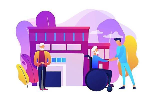 EPS 해외이미지 전신 노년 남자 잎 일러스트 지팡이 건강 서기 앉기 성인 세명 손잡기 복지 요양원 돌봄 남자만 돌보미 해외일러스트 식물 직업 모션 사람 사회이슈 파일형식 벡터 이미지허브