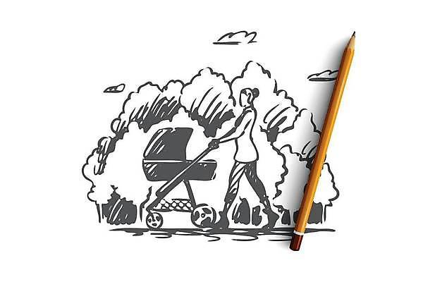 EPS 해외이미지 전신 공원 여자 컨셉 일러스트 한명 성인 걷기 산책 밀기 스케치 손그림 유모차 얼굴없음 성인여자한명만 해외일러스트 1 공공시설 모션 휴식 미술 사람 아기용품 여자한명만 성인여자만 파일형식 벡터 이미지허브