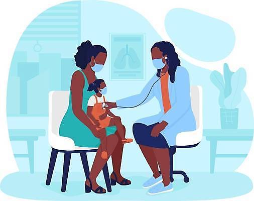 EPS 해외이미지 전신 여자 딸 어린이 하늘색 의자 일러스트 청진기 모녀 엄마 마스크 들기 앉기 성인 세명 진료 소아과 소아과의사 얼굴없음 여자만 해외일러스트 가구 의학 가족 의료기기 모션 병원 사람 파란색 의사 파일형식 벡터 이미지허브