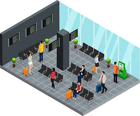 EPS 해외이미지 전신 여자 남자 화분 여행 의자 일러스트 창문 서기 앉기 여러명 성인 일상 손들기 걷기 캐리어 공간 기둥 공항 확인 아이소메트릭 키오스크 성인만 해외일러스트 건축 가구 다수 교통시설 모션 사람 라이프 여행가방 파일형식 벡터 이미지허브