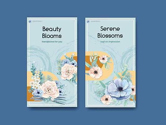 EPS 해외이미지 꽃 하늘색 잎 일러스트 사람없음 분위기 손그림 감성 아네모네 해외일러스트 식물 컨셉 파란색 파일형식 벡터 이미지허브