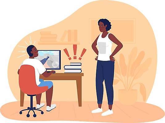 EPS 해외이미지 전신 여자 남자 화분 어린이 허리손 의자 일러스트 엄마 서기 앉기 소년 성인 두명 책 컴퓨터 모니터 주황색 놀람 게임 느낌표 꾸지람 책상 잔소리 숙제검사 해외일러스트 기호 감정 컬러 포즈 가구 가족 모션 놀이 표정 사람 전자제품 체벌 파일형식 벡터 이미지허브