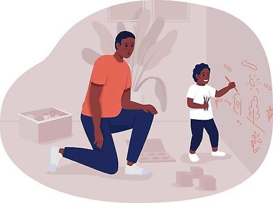 EPS 해외이미지 응시 남자 아들 어린이 벽 일러스트 색연필 서기 들기 앉기 소년 성인 두명 장난감 아빠 낙서 무릎꿇기 그림 남자만 해외일러스트 시선 가족 모션 학용품 사람 파일형식 벡터 이미지허브