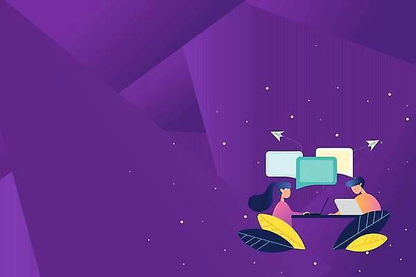 EPS 해외이미지 디자인 여자 남자 백그라운드 말풍선 잎 일러스트 비즈니스 상반신 성인 두명 노트북 보라색 업무 비즈니스맨 비즈니스우먼 종이비행기 성인만 카피스페이스 해외일러스트 식물 컬러 사람 전자제품 공백 작업 직장인 종이접기 파일형식 벡터 이미지허브