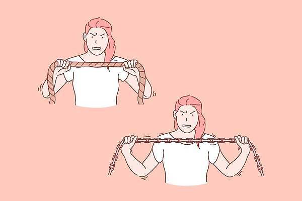 EPS 해외이미지 여자 밧줄 분홍색 일러스트 들기 상반신 성인 두명 분노 찡그림 당기기 사슬체인 스트레스해소 성인여자만 해외일러스트 감정 줄 컬러 모션 표정 사람 여자만 성인만 파일형식 벡터 이미지허브