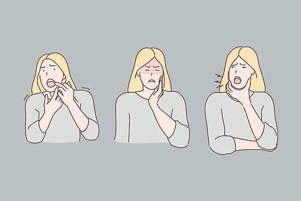 EPS 해외이미지 여자 일러스트 입벌림 상반신 성인 세명 고통 환자 표현 잡기 찡그림 치아 질병 증상 치아건강 치통 성인여자만 해외일러스트 감정 의학 모션 표정 건강 사람 소화기관 여자만 성인만 파일형식 벡터 이미지허브