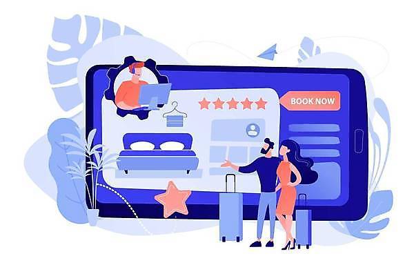 EPS 해외이미지 전신 커플 여자 남자 여행 일러스트 호텔 모바일 상반신 성인 세명 파란색 가리킴 타이핑 어플리케이션 숙박업 숙박 성인만 코랄 해외일러스트 산업 컬러 관계 숙소 사람 손짓 파일형식 벡터 이미지허브