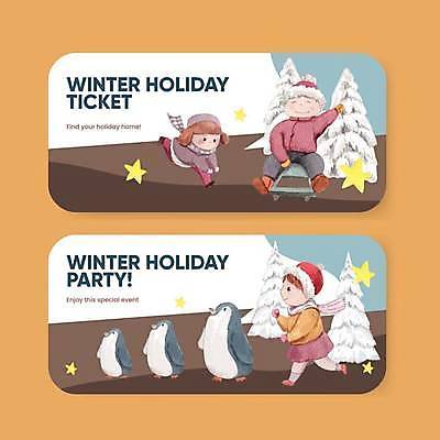 EPS 해외이미지 나무 영어 여자 남자 별 어린이 겨울 일러스트 세마리 소년 타이포그라피 세명 갈색 티켓 상품권 썰매 어린이만 해외일러스트 자연요소 식물 문자 계절 컬러 3 사람 파일형식 벡터 이미지허브