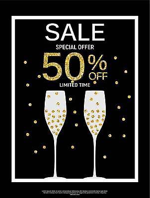 EPS 해외이미지 배너 일러스트 이벤트 사람없음 세일 검은색 샴페인잔 50% 해외일러스트 컬러 술잔 퍼센트 파일형식 벡터 이미지허브