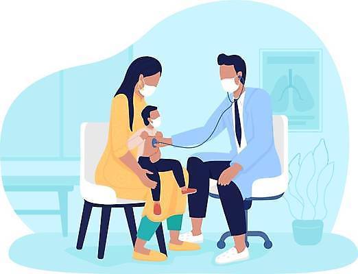 EPS 해외이미지 전신 여자 남자 아들 어린이 하늘색 의자 일러스트 엄마 마스크 앉기 소년 성인 진료 의사 소아과 소아과의사 얼굴없음 해외일러스트 가구 의학 가족 모션 병원 사람 파란색 의료진 파일형식 벡터 이미지허브