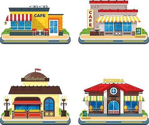 EPS 해외이미지 가로등 의자 일러스트 간판 사람없음 건물 세트 상점 레스토랑 카페 천막 입간판 피자집 해외일러스트 건축물 공공시설 가구 식당 파일형식 벡터 이미지허브