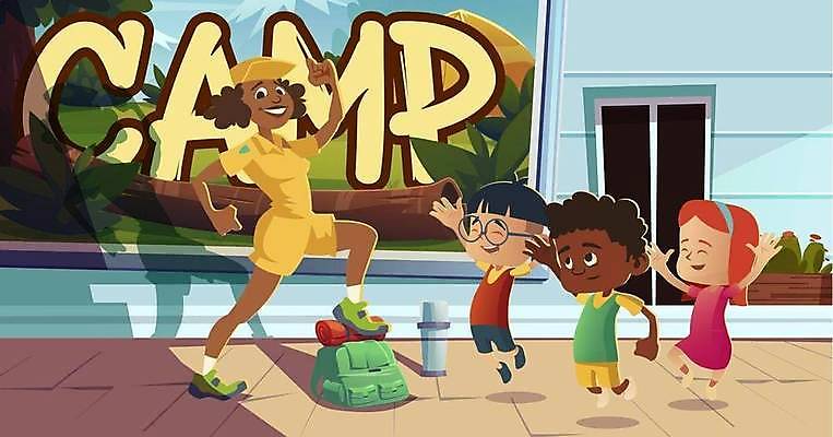 EPS 해외이미지 여자 남자 어린이 일러스트 배낭 소년 여러명 성인 손들기 점프 캠핑 즐거움 어린이캠프 해외일러스트 감정 다수 가방 모션 레저 사람 파일형식 벡터 이미지허브