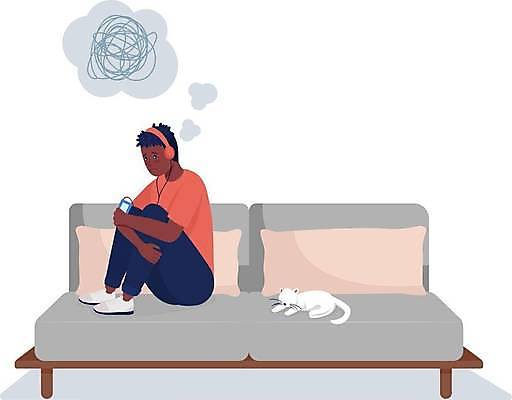 EPS 해외이미지 전신 한마리 남자 쿠션 일러스트 한명 들기 성인 소파 헤드셋 고양이 음악감상 웅크림 우울감 우울증 성인남자한명만 해외일러스트 1 감정 음향기기 의자 포유류 모션 사람 반려동물 헤드폰 감상 질병 남자한명만 성인남자만 파일형식 벡터 이미지허브