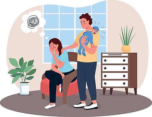 EPS 해외이미지 전신 라이프스타일 여자 남자 화분 아들 의자 일러스트 창문 가족 엄마 피곤 서기 앉기 성인 세명 육아 아기 아빠 눈물 서랍장 위로 돌봄 우울감 들어올리기 어깨에손 산후우울증 해외일러스트 감정 가구 컨셉 관계 모션 사람 생활 우울증 파일형식 벡터 이미지허브