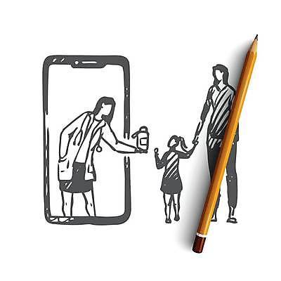 EPS 해외이미지 여자 어린이 일러스트 엄마 모바일 들기 성인 세명 스마트폰 환자 의사 약병 스케치 서비스 주머니손 손그림 온라인 원격의료 얼굴없음 여자만 해외일러스트 의학 가족 모션 미술 사람 핸드폰 스마트기기 약 진료 의료진 원격 병_담는 파일형식 벡터 이미지허브