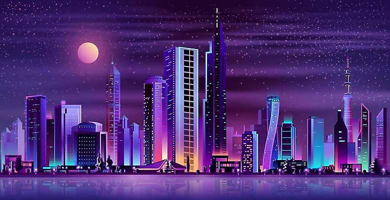 EPS 해외이미지 별 야경 일러스트 빌딩 사람없음 건물 빛 도시풍경 보라색 달 도시 해외일러스트 자연요소 건축물 컬러 풍경 야간 파일형식 벡터 풍경_경치 이미지허브