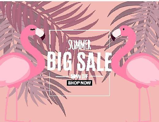 EPS 해외이미지 배너 분홍색 두마리 일러스트 이벤트 사람없음 여름 세일 플라밍고 야자수잎 여름맞이 해외일러스트 계절 컬러 잎 2 조류 파일형식 벡터 여름_계절 이미지허브
