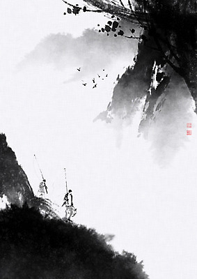 PSD 나무 남자 아들 일러스트 캘리그라피 조류 붓터치 낚시 들기 사람 풍경 성인 두명 계곡 아빠 추억 번짐 부자지간 성인만 국내일러스트 식물 동물 컨셉 가족 모션 레저 파일형식 효과