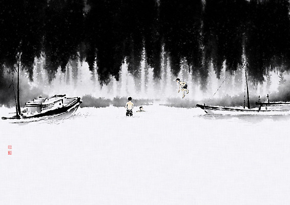 PSD 나무 남자 어린이 일러스트 캘리그라피 물놀이 붓터치 사람 풍경 소년 세명 물 친구 강 추억 강가 번짐 선박 소년만 국내일러스트 자연요소 식물 컨셉 수상교통 관계 놀이 남자만 어린이만 파일형식 효과