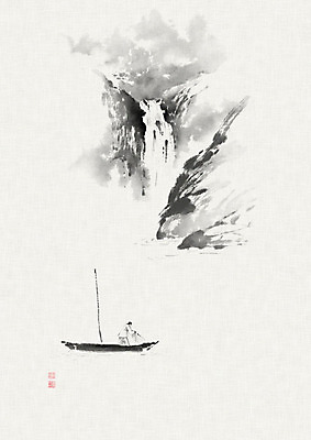 PSD 응시 남자 일러스트 캘리그라피 붓터치 산 흑백 한명 사람 풍경 성인 계곡 폭포 숲 뱃사공 동양화 언덕 번짐 산수화 선박 성인남자한명만 국내일러스트 1 시선 수상교통 자연 촬영기법 미술 남자한명만 성인남자만 파일형식 효과