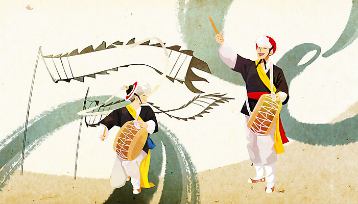 전신 PSD 한국전통 남자 연주 일러스트 붓터치 국악기 사람 앉기 성인 두명 깃발 풍물놀이 사물놀이 북 즐거움 상모 치기 성인남자만 국내일러스트 전통 감정 악기 음악 모션 타악기 한국 국악 전통놀이 전통공연 남자만 성인만 파일형식