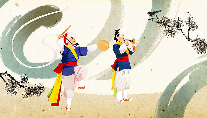 전신 PSD 한국전통 남자 연주 일러스트 붓터치 국악기 사람 성인 두명 소나무 풍물놀이 사물놀이 불기 즐거움 소고 상모 치기 태평소 성인남자만 국내일러스트 나무 전통 감정 악기 음악 모션 타악기 한국 국악 관악기 전통놀이 전통공연 남자만 성인만 파일형식