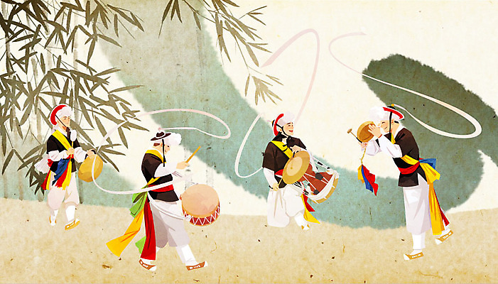 전신 PSD 한국전통 남자 일러스트 붓터치 국악기 사람 여러명 성인 풍물놀이 사물놀이 대나무 북 즐거움 장구 징 상모 돌리기 사당패 국내일러스트 나무 전통 감정 악기 다수 모션 타악기 한국 국악 전통놀이 전통공연 파일형식