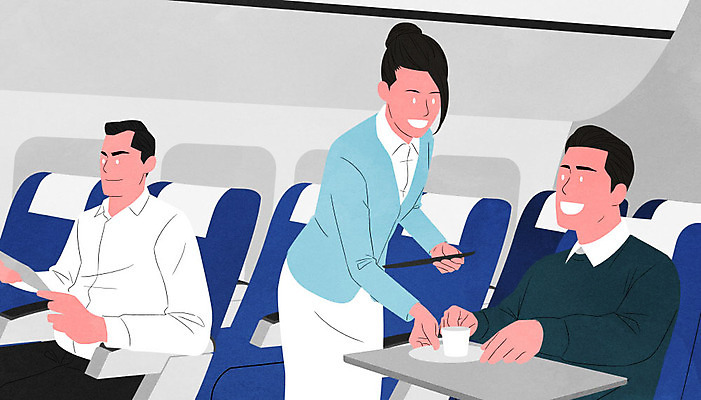 PSD 여자 남자 감정 일러스트 비행기 서기 웃음 사람 앉기 성인 세명 차 승무원 서비스 기내 비행기내부 성인만 감정노동자 국내일러스트 직업 음료 항공교통 모션 대중교통 표정 내부 공공장소 파일형식