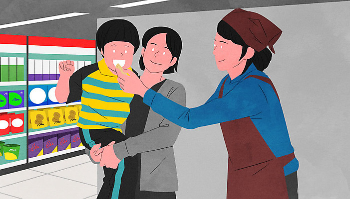 PSD 여자 남자 감정 어린이 일러스트 안기 서기 웃음 사람 소년 성인 세명 먹기 먹여주기 만두 마트 판매원 감정노동자 국내일러스트 직업 음식 모션 표정 상점 파일형식