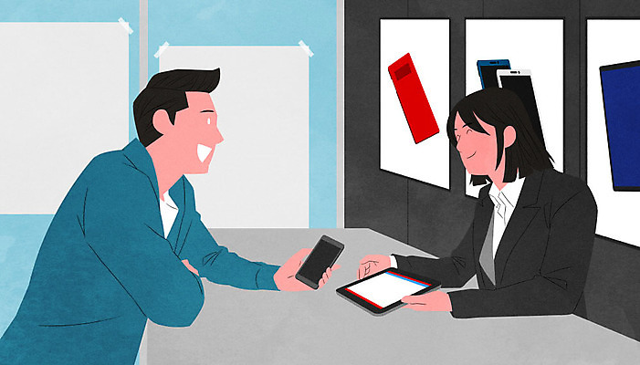 PSD 여자 남자 감정 일러스트 친절 서기 미소 사람 앉기 성인 두명 스마트폰 태블릿 직원 상담 판매원 성인만 감정노동자 국내일러스트 직업 모션 표정 전자제품 핸드폰 스마트기기 파일형식