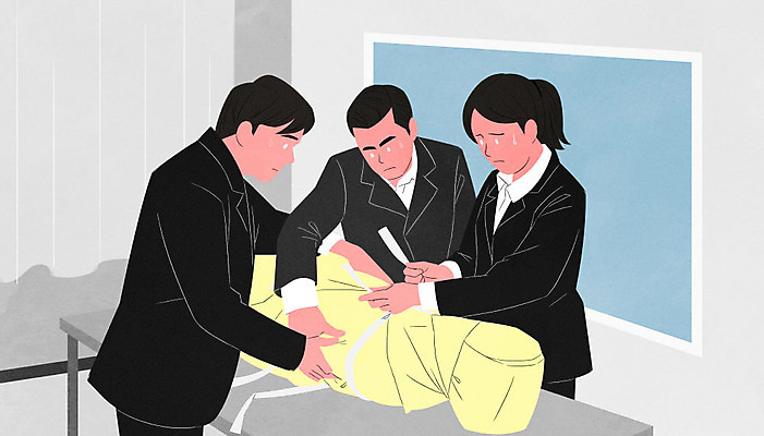 PSD 여자 남자 감정 일러스트 스트레스 서기 사람 여러명 성인 장례 시체 시신 우울증 힘듦 성인만 장의사 감정노동자 국내일러스트 직업 다수 컨셉 모션 질병 파일형식