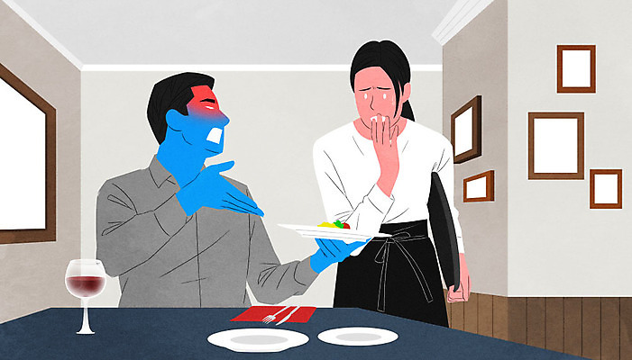 PSD 접시 여자 남자 감정 일러스트 스트레스 서기 들기 사람 앉기 성인 두명 식당 분노 웨이트리스 불만 곤란 우울증 성인만 감정노동자 국내일러스트 식기 모션 상점 질병 종업원 파일형식