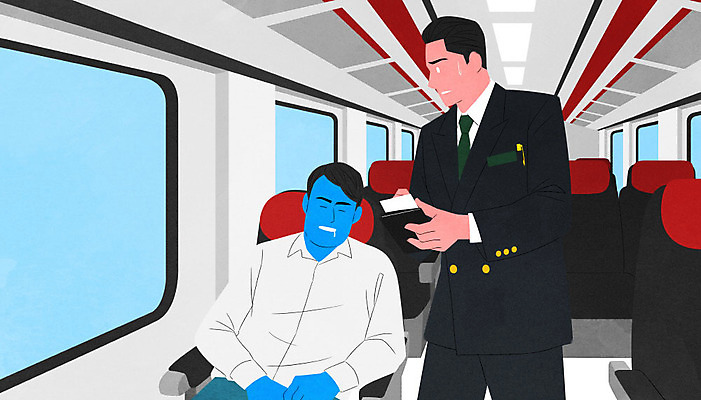 PSD 감정 일러스트 스트레스 서기 사람 앉기 두명 기차 잠 직원 검사_조사 승객 곤란 기차표 우울증 감정노동자 국내일러스트 육상교통 모션 대중교통 티켓 질병 파일형식