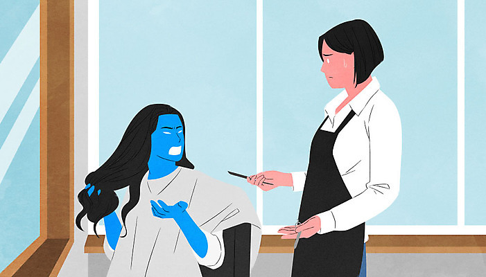 PSD 여자 감정 일러스트 스트레스 서기 들기 사람 앉기 성인 두명 분노 미용실 미용사 고객 직원 불만 우울증 성인여자만 감정노동자 국내일러스트 직업 모션 질병 뷰티샵 여자만 성인만 파일형식