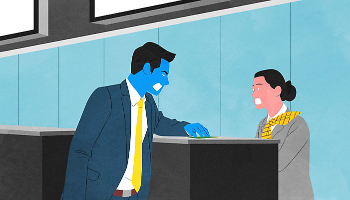 PSD 여자 남자 감정 일러스트 스트레스 서기 사람 성인 두명 분노 공항 승무원 불만 우울증 성인만 감정노동자 체크인카운터 국내일러스트 직업 교통시설 모션 질병 체크인 파일형식