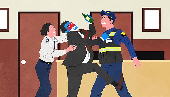 PSD 여자 남자 감정 일러스트 술병 스트레스 서기 들기 사람 성인 세명 경찰 만취 여경 술주정 우울증 파출소 성인만 감정노동자 국내일러스트 직업 모션 병_용기 주류 질병 경찰서 술취함 파일형식