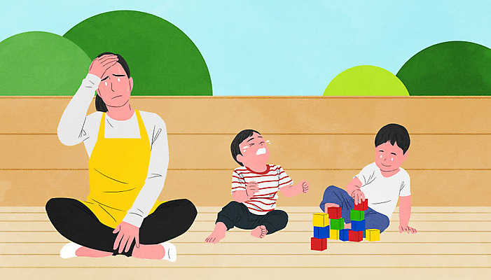 PSD 여자 남자 감정 어린이 일러스트 스트레스 사람 앉기 소년 성인 세명 장난감 교사 놀기 보육원 우울증 원아 힘듦 보육교사 감정노동자 아이돌봄 긴급돌봄 돌보미 국내일러스트 직업 컨셉 모션 질병 파일형식 돌봄서비스